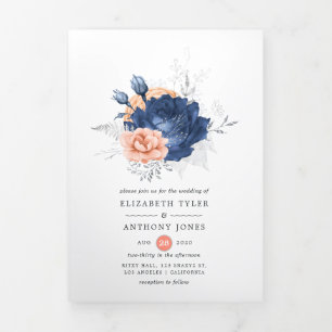Convite Com Dobra Tripla Casamento Floral de Coral, Marinho e Prata