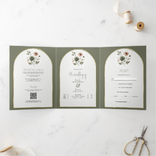 Convite Com Dobra Tripla Casamento Floral de Dusty Olive Pink e Dourada Wat