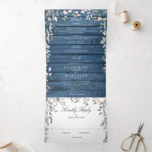 Convite Com Dobra Tripla Casamento Floral de Flores Silvestres em Madeira R (Dentro)