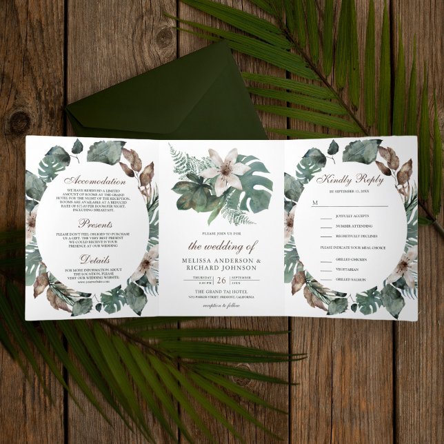 Convite Com Dobra Tripla Casamento Floral de Folhas Tropicais Aquarela Rúst (Criador carregado)