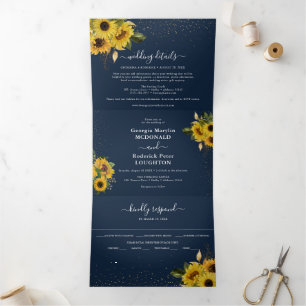 Convite Com Dobra Tripla Casamento Floral de Girassol Azul Marinho Rústico