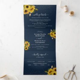 Convite Com Dobra Tripla Casamento Floral de Girassol Azul Marinho Rústico