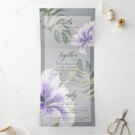 Convite Com Dobra Tripla Casamento Floral de Hibiscus Watercolor Roxo