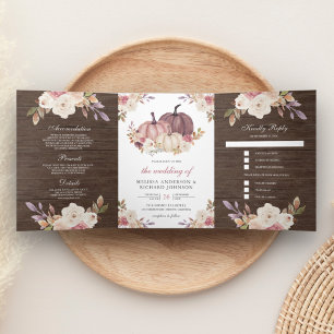 Convite Com Dobra Tripla Casamento Floral de Madeira Rosa Marfim Abóbora Ro