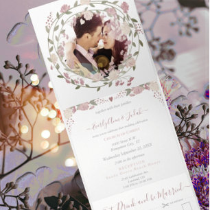 Convite Com Dobra Tripla Casamento Floral de Matiz Rosa Rosa Sagrada e Pint