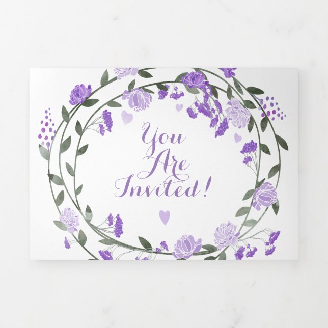 Convite Com Dobra Tripla Casamento Floral de Orquídea Roxo Lilac Peony (Cobrir)