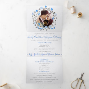 Convite Com Dobra Tripla Casamento Floral de Peônia Azul Elegante