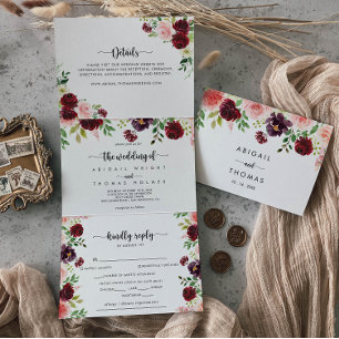 Convite Com Dobra Tripla Casamento Floral de Primavera Púrpura Rosa Burgun