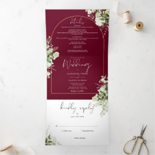 Convite Com Dobra Tripla Casamento Floral de Verde Folhagem com Arco Dourad