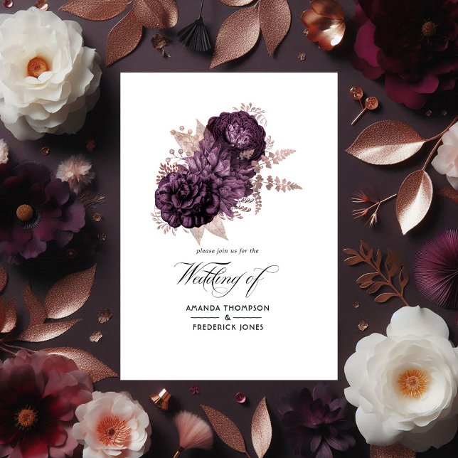 Convite Com Dobra Tripla Casamento Floral Dourado e Roxo Escuro (Dark Purple and Rose Gold Floral Wedding Tri-Fold Invitation)