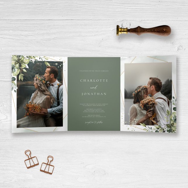 Convite Com Dobra Tripla Casamento Floral Elegante Eucalyptus Sage Green (Criador carregado)