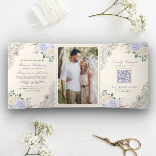 Convite Com Dobra Tripla Casamento Floral em Renda Lavanda Roxo Creme Rústi