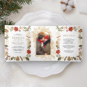 Convite Com Dobra Tripla Casamento Floral Foto Natal Ouro Vermelho Tudo em