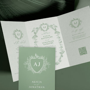 Convite Com Dobra Tripla Casamento floral francês em verde sálvia clássico 