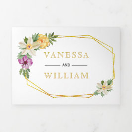 Convite Com Dobra Tripla Casamento floral geométrico Dourado de polígonos a