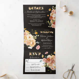 Convite Com Dobra Tripla Casamento Floral Jardim em Flor Escuro e Sombrio