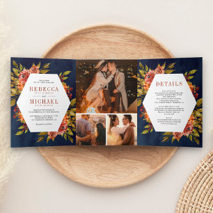 Convite Com Dobra Tripla Casamento Floral Laranja Queimado Rústico Foto Azu