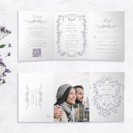 Convite Com Dobra Tripla Casamento Floral Lavanda Clássico Francês Vitorian
