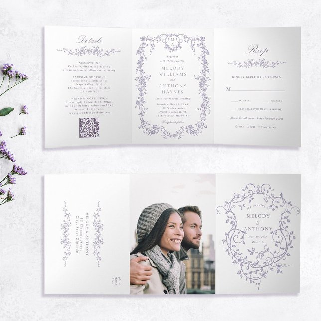 Convite Com Dobra Tripla Casamento Floral Lavanda Clássico Francês Vitorian (Inside & Outside)
