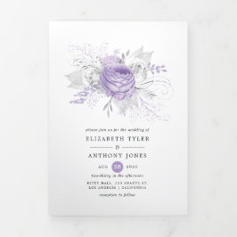 Convite Com Dobra Tripla Casamento Floral Lavanda e Prata