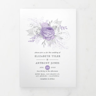 Convite Com Dobra Tripla Casamento Floral Lavanda e Prata