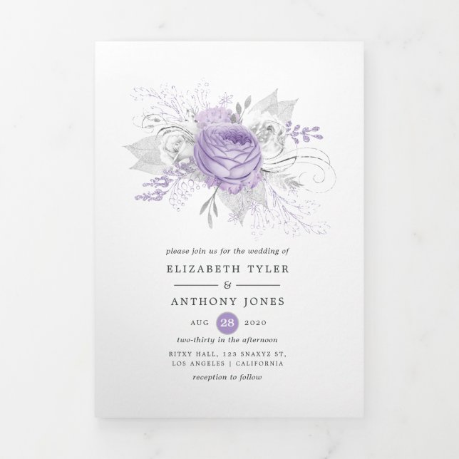 Convite Com Dobra Tripla Casamento Floral Lavanda e Prata (Cobrir)