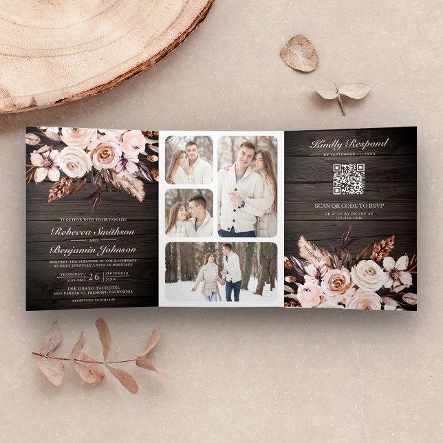 Convite Com Dobra Tripla Casamento Floral Marfim Rústico em Madeira Código  (Criador carregado)