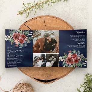 Convite Com Dobra Tripla Casamento Floral Marsala Country Rústico Azul Nava