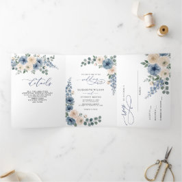 Convite Com Dobra Tripla Casamento Floral Moderno Azul Empoeirado Bege Rosa