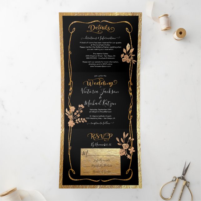 Convite Com Dobra Tripla Casamento Floral Negro e Dourado (Dentro)