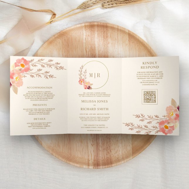 Convite Com Dobra Tripla Casamento Floral Orquídea Boho Pêssego Código QR M (Criador carregado)