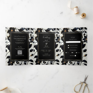 Convite Com Dobra Tripla Casamento Floral Preto e Dourado Greige