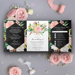 Convite Com Dobra Tripla Casamento Floral Preto Rosa Bege Magnólia Branca