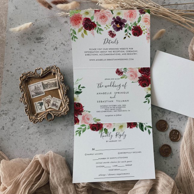 Convite Com Dobra Tripla Casamento Floral Primavera Púrpura Rosa Burgundy (Criador carregado)