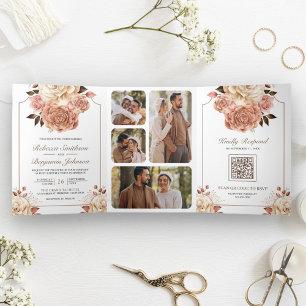 Convite Com Dobra Tripla Casamento Floral QR Code Boho Rústico Dourado Rosa