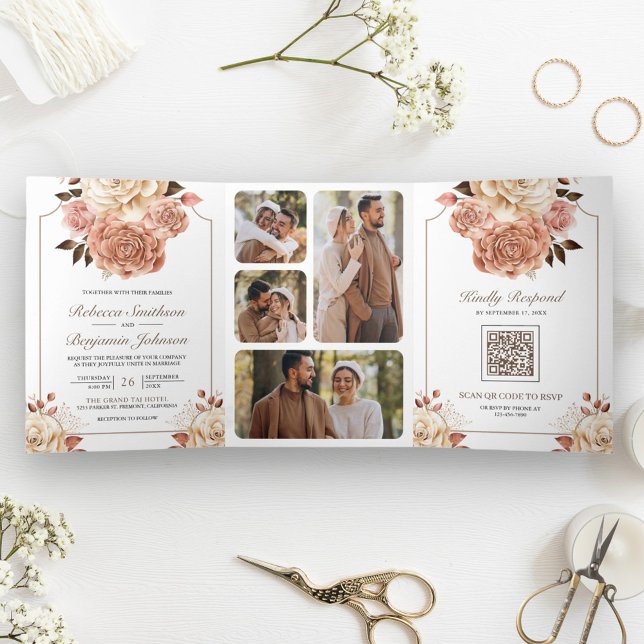Convite Com Dobra Tripla Casamento Floral QR Code Boho Rústico Dourado Rosa (Criador carregado)