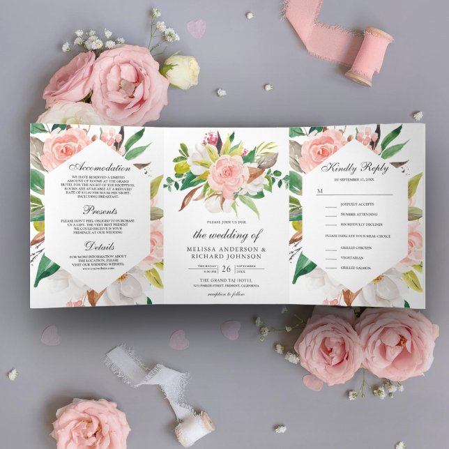 Convite Com Dobra Tripla Casamento Floral Rosa Bege Magnólia Branca Rústica (Criador carregado)