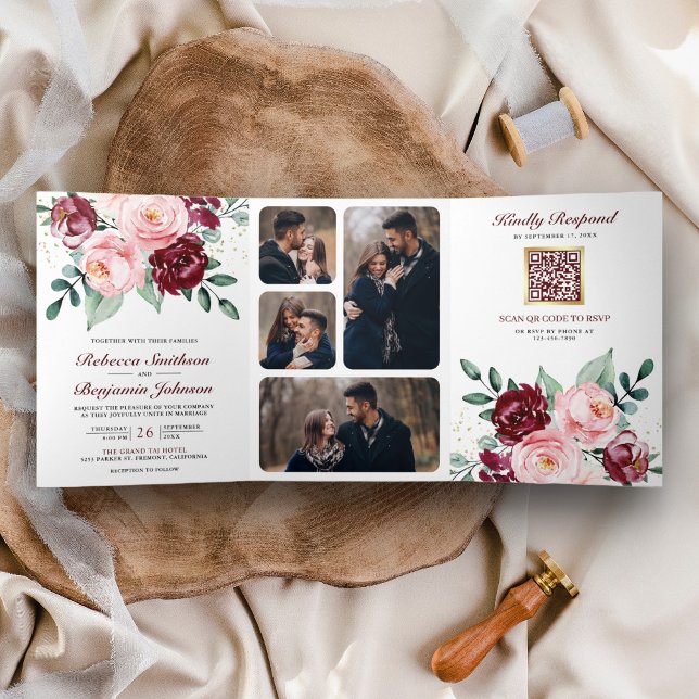 Convite Com Dobra Tripla Casamento Floral Rosa Bege Rústico Código QR Borgo (Criador carregado)