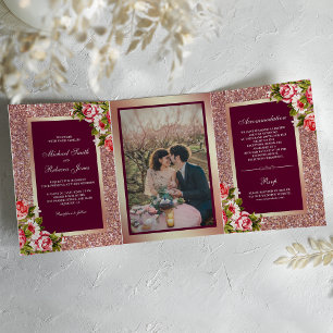 Convite Com Dobra Tripla Casamento Floral Rosa Brilho Glitter Dourado-Rosa 