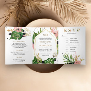 Convite Com Dobra Tripla Casamento Floral Rosa com Brilho Tropical Selvagem