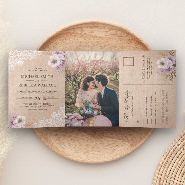 Convite Com Dobra Tripla Casamento Floral Rosa com Renda de Estopa Country  (Criador carregado)