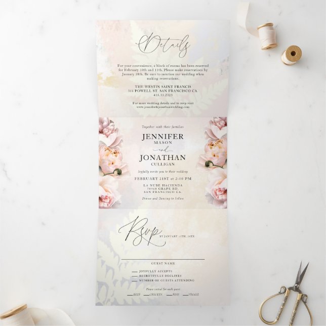 Convite Com Dobra Tripla Casamento Floral Rosa Elegante (Dentro)