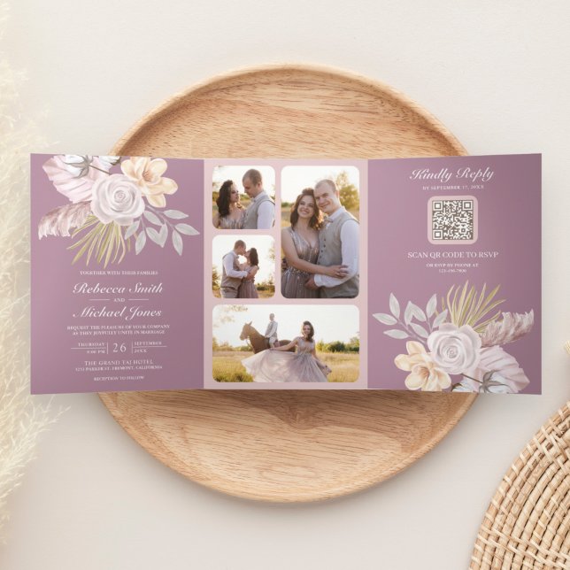 Convite Com Dobra Tripla Casamento Floral Rosa Mauve empoeirado Rústico Cód (Criador carregado)