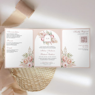 Convite Com Dobra Tripla Casamento Floral Rosa Pampas em Pó QR Code