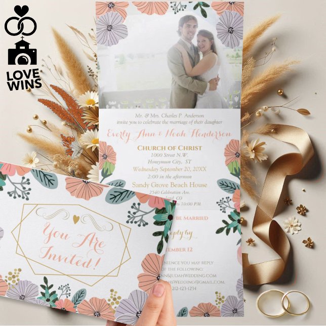 Convite Com Dobra Tripla Casamento Floral Rosa Pêssego Lavanda Verde (Criador carregado)