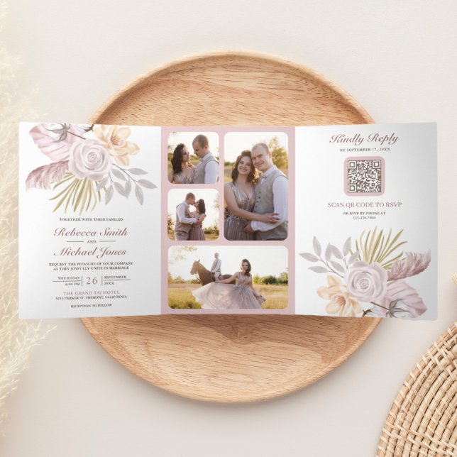 Convite Com Dobra Tripla Casamento Floral Rosa Poeira Rústico Código QR (Criador carregado)