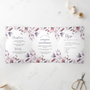Convite Com Dobra Tripla Casamento Floral Rosa-Rosa-Rosa-Rústico