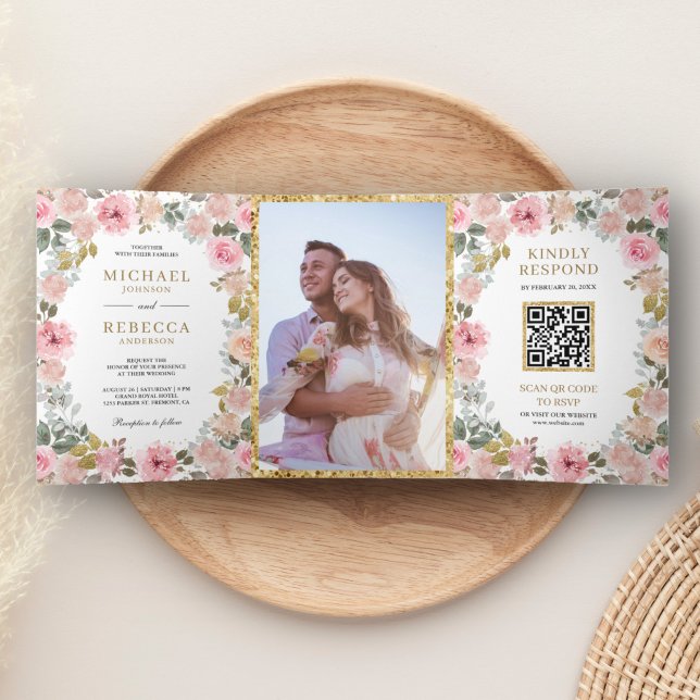 Convite Com Dobra Tripla Casamento Floral Rosa Rústico e Dourado com Código (Criador carregado)