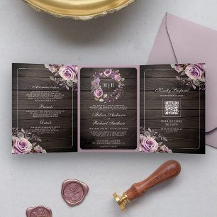Convite Com Dobra Tripla Casamento Floral Roxo Empoeirado Madeira Rústica C