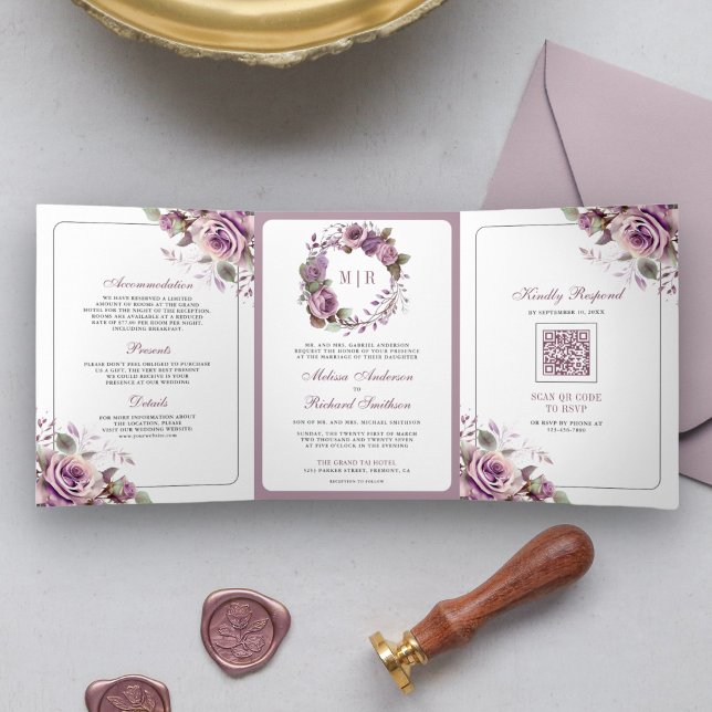 Convite Com Dobra Tripla Casamento Floral Roxo Empoeirado Rústico Código QR (Criador carregado)